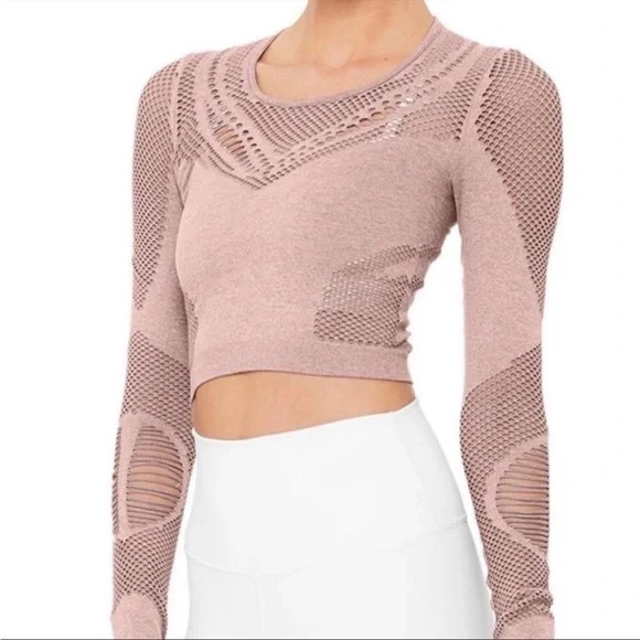 ALO Yoga Dust Pink / Cream Distressed Knit Crop Top - Picture 1 of 4